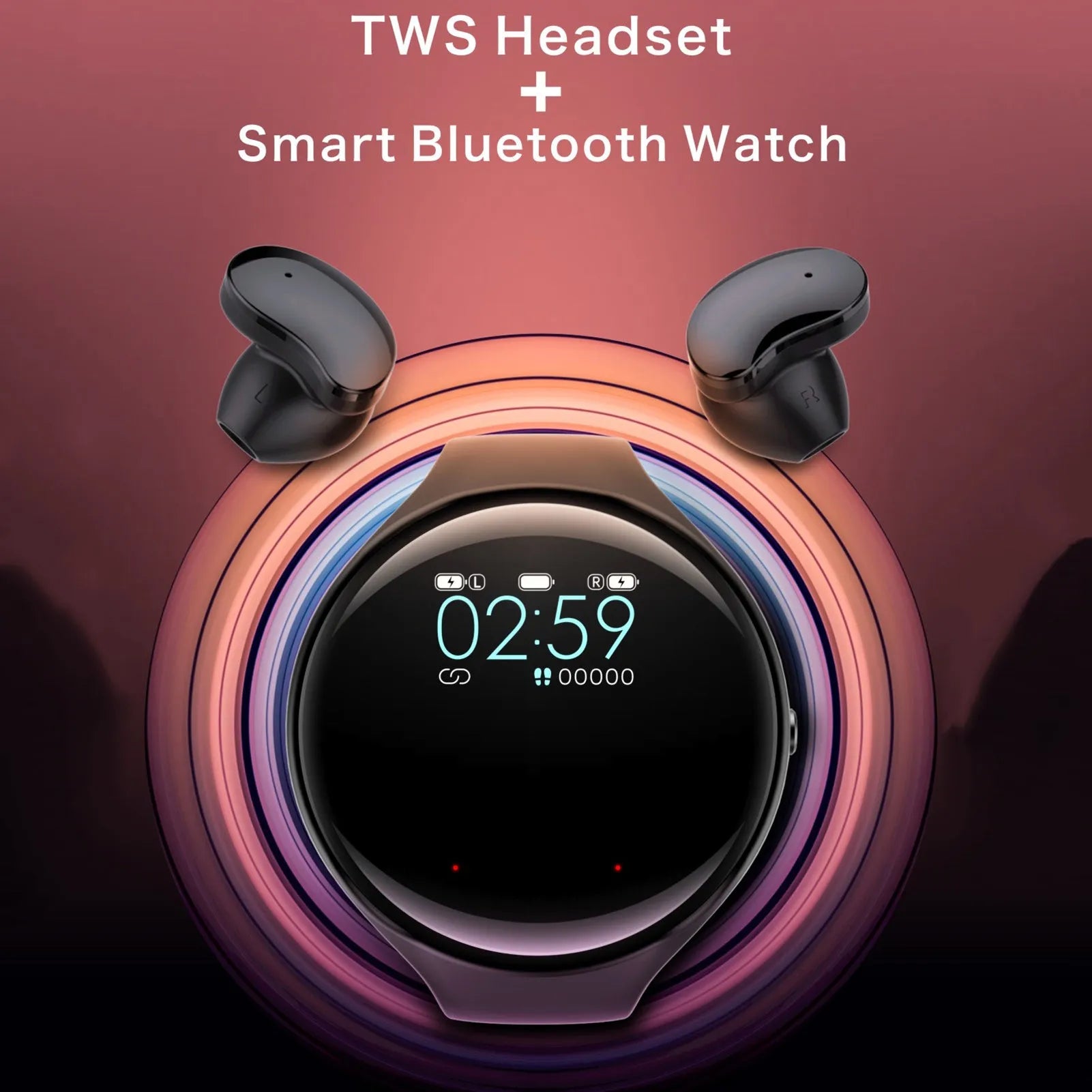 Black Bluetooth headset and smart bracelet combo watch with detachable TWS earbuds on a charging cable.