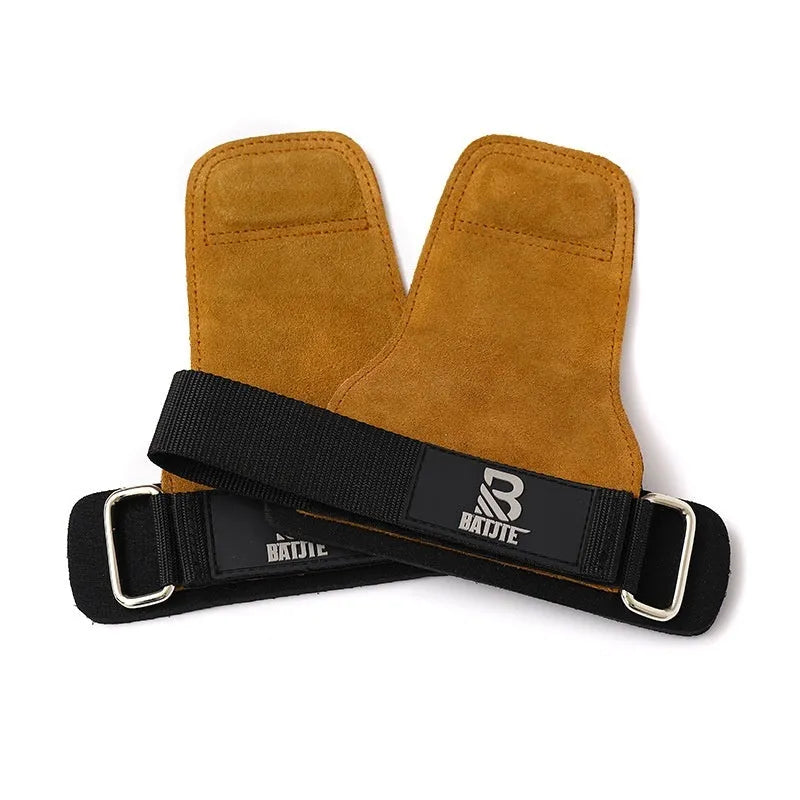 Brown fitness wrist protector and grip strength bands for pull-up and weightlifting training.
