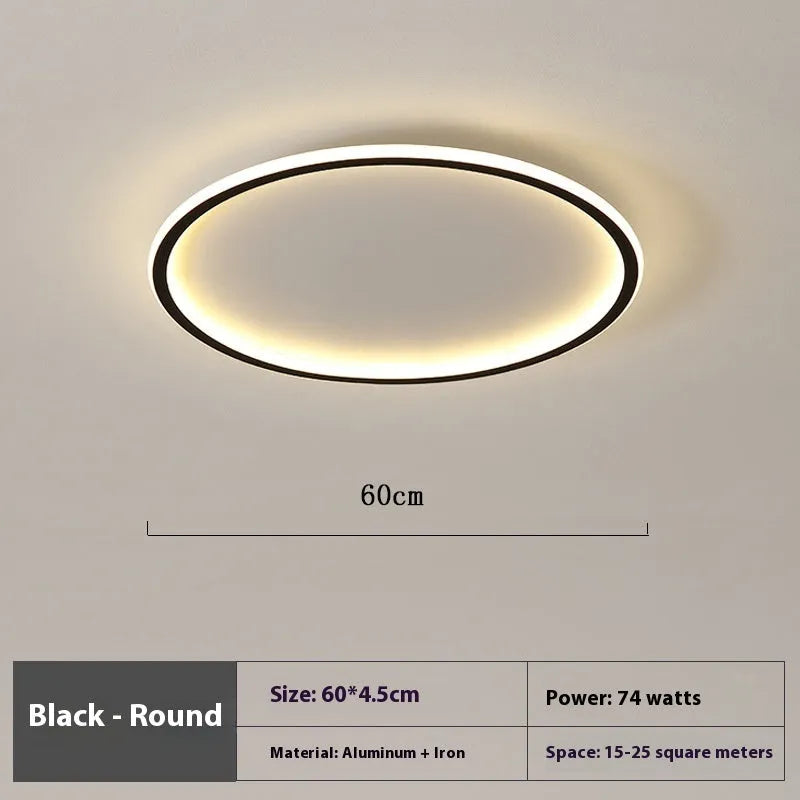 Minimalist circular LED ceiling lamp in black, gold, or white finish with dimming control