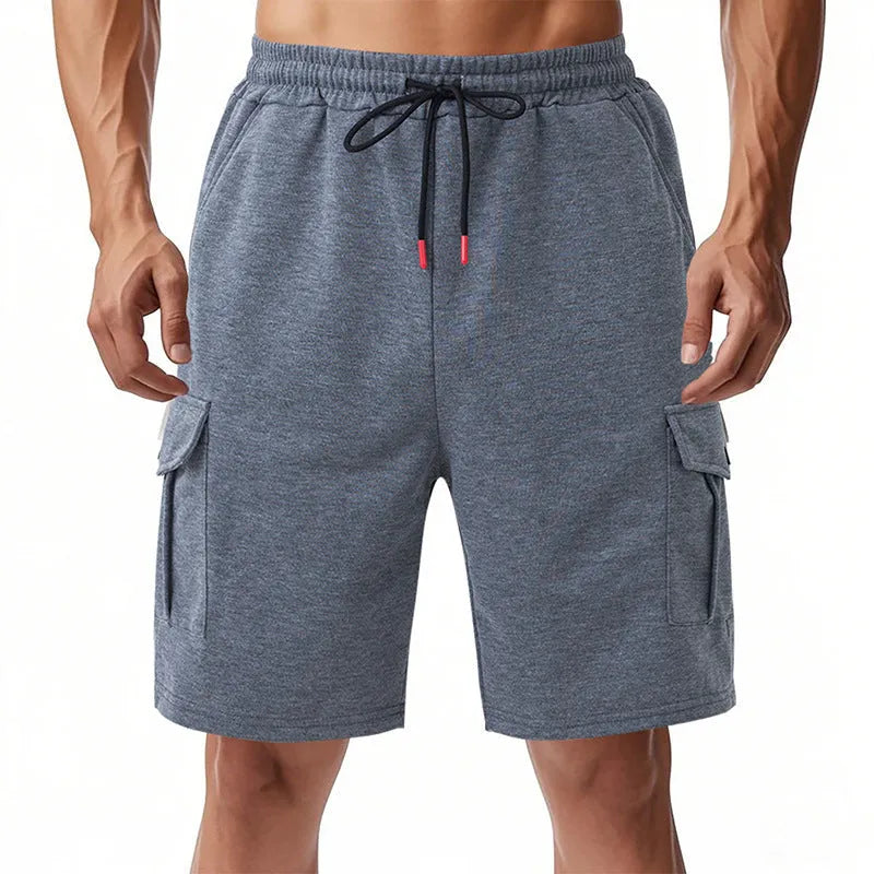 Men's heavy loose cargo shorts in terry fabric with multiple pockets in light grey colour