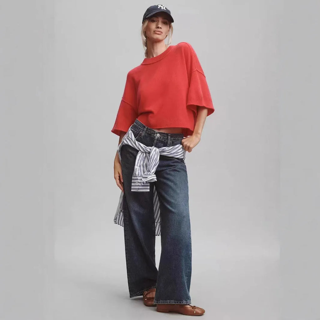 Red women's crop top t-shirt with exposed navel design and regular sleeves