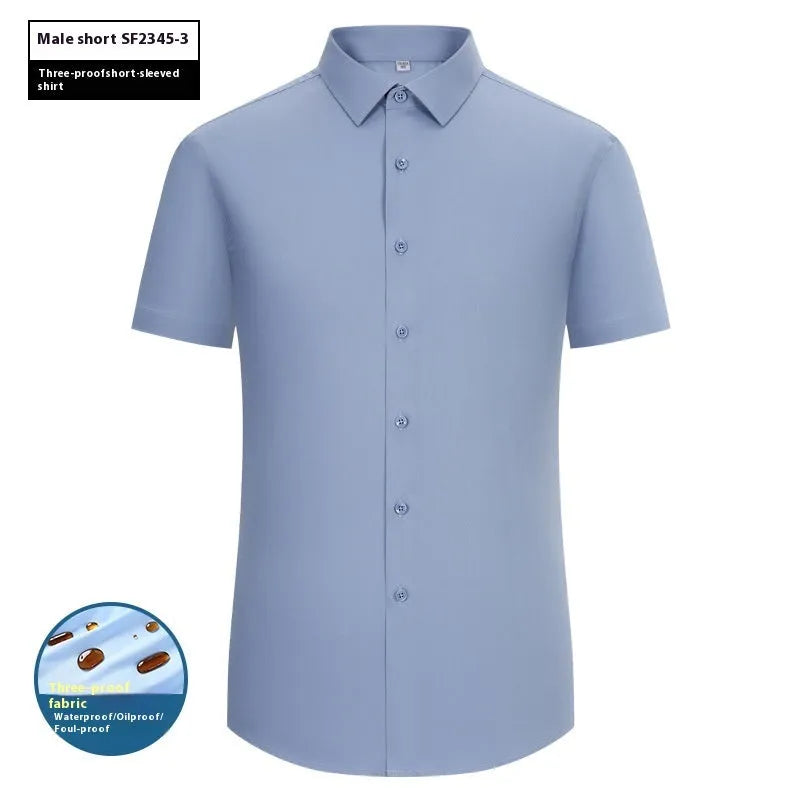 Men's waterproof business shirt in bamboo fibre with slim fit and square collar