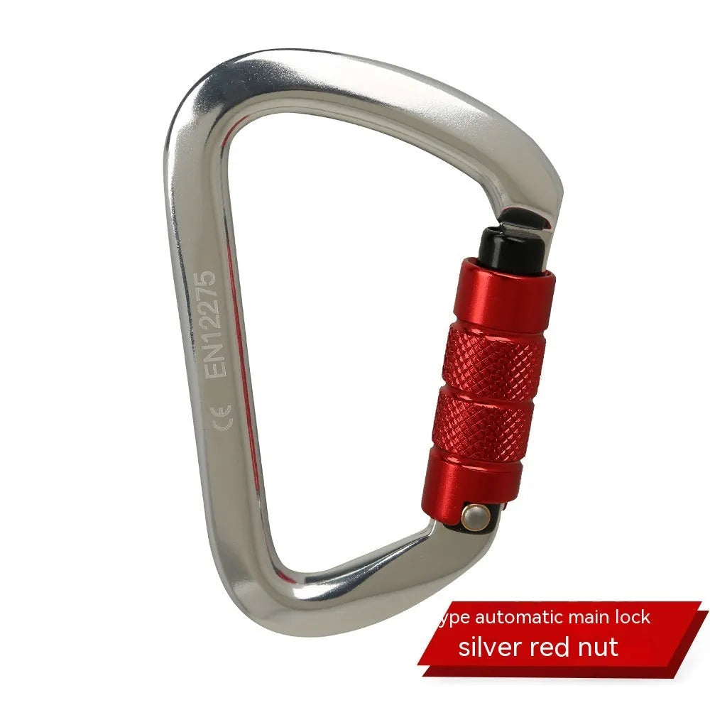 D-shaped locking climbing carabiner main lock in silver red colour with automatic gate closure.