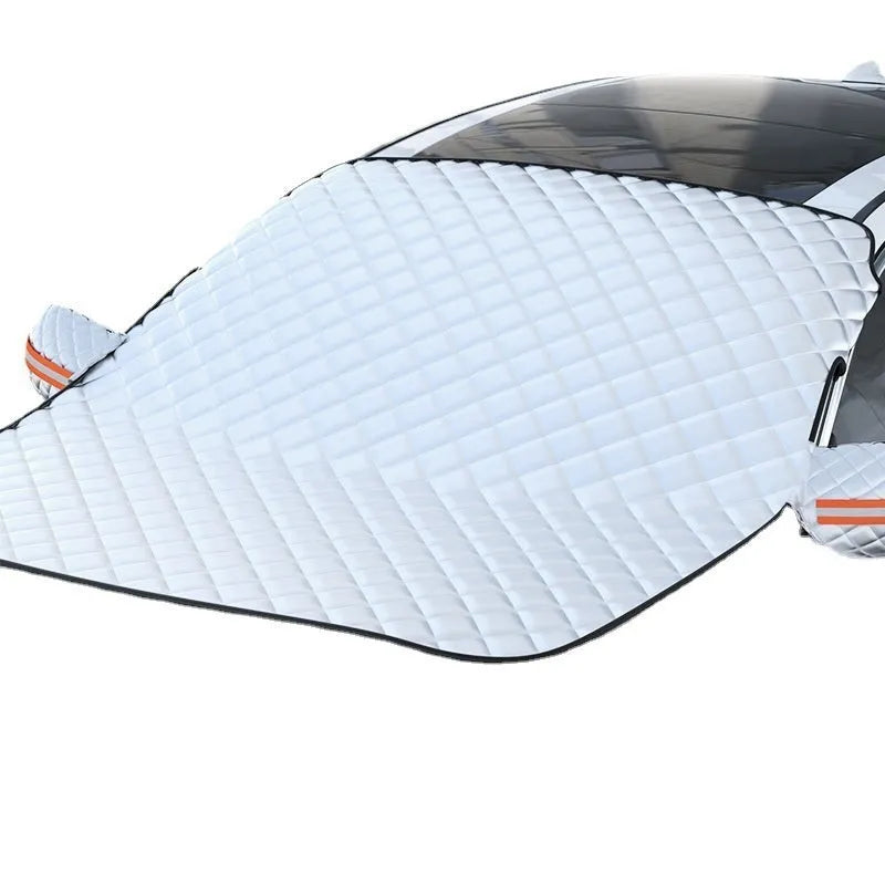 Large SUV winter windscreen cover with aluminum foil construction and magnetic attachments