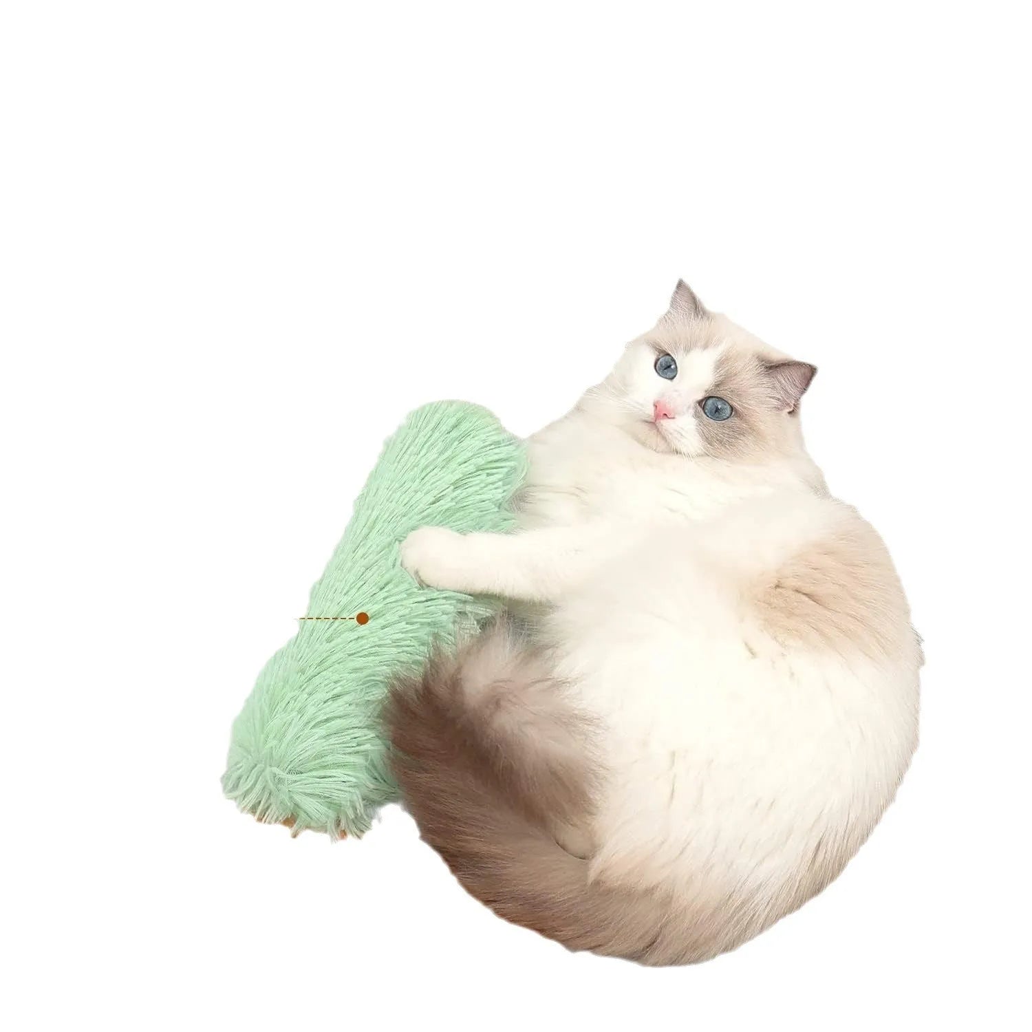Blue, green, pink, and white plush cat toy pillow measuring 27cm by 10cm.