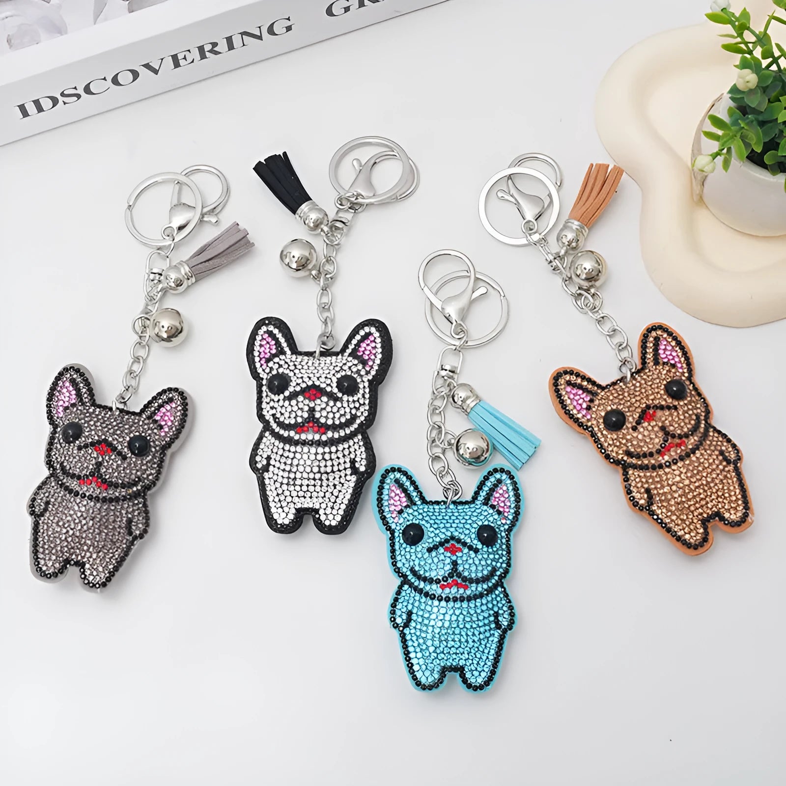 French dog rhinestone keychain with cartoon animal charm on electroplated alloy, 5-7cm size