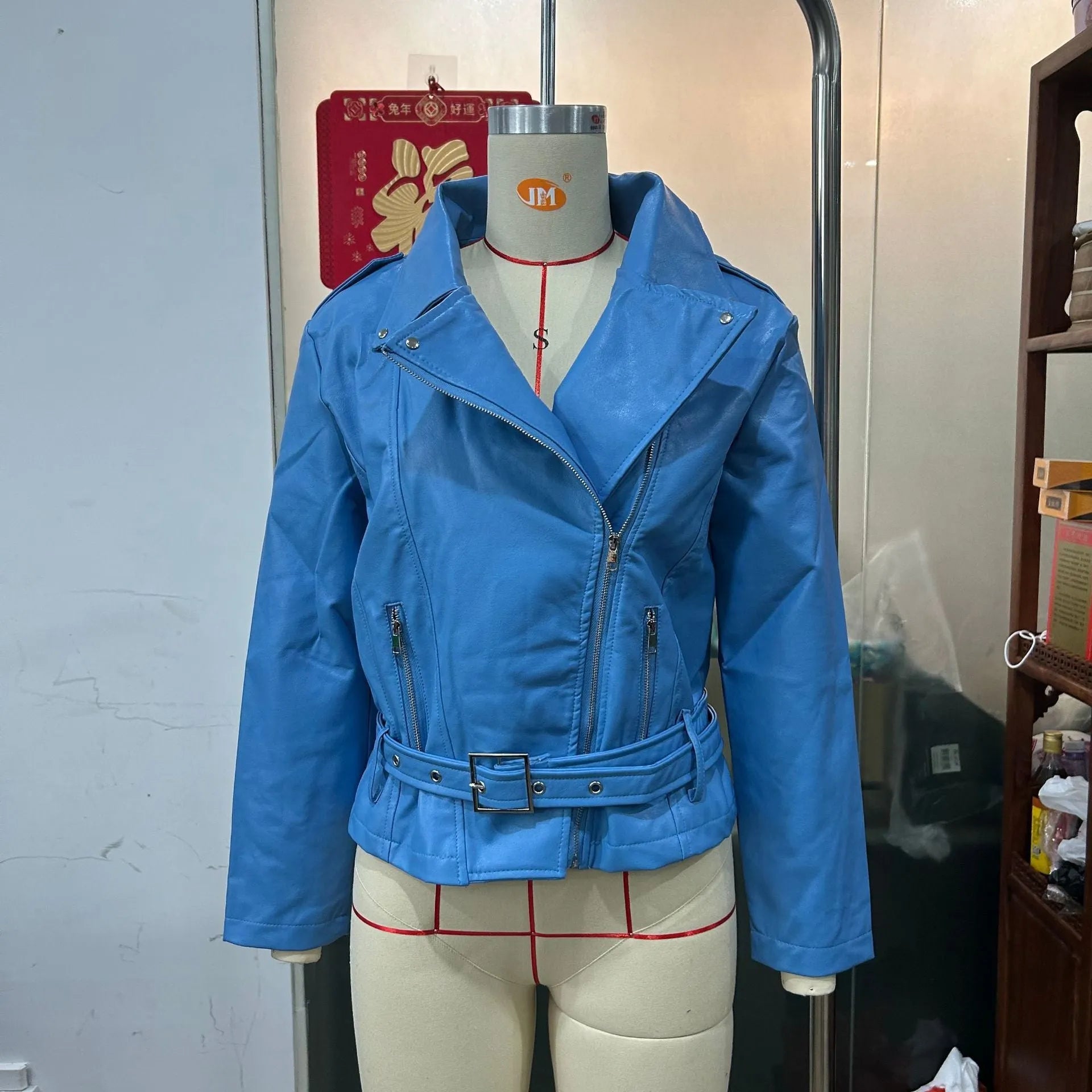 Punk style leather jacket in polyester fabric with locomotive design and Peter Pan collar