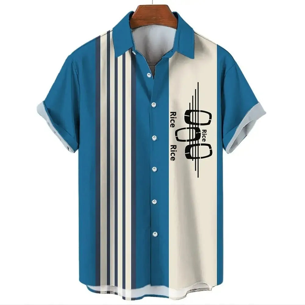 Man wearing a blue and white striped Hawaiian style short sleeve button-down shirt.