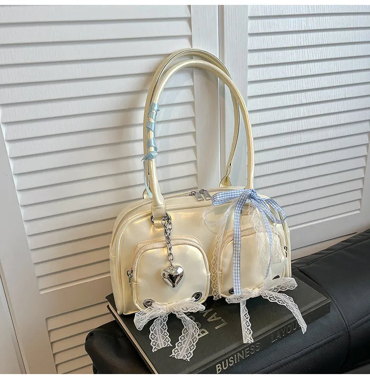 Women's large capacity PU shoulder bag in horizontal square shape with mobile phone pocket