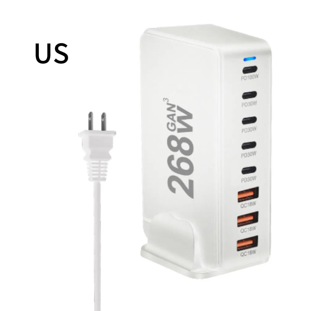 268W gallium nitride desktop charger with eight ports, white colour, Type-C and USB-A connections