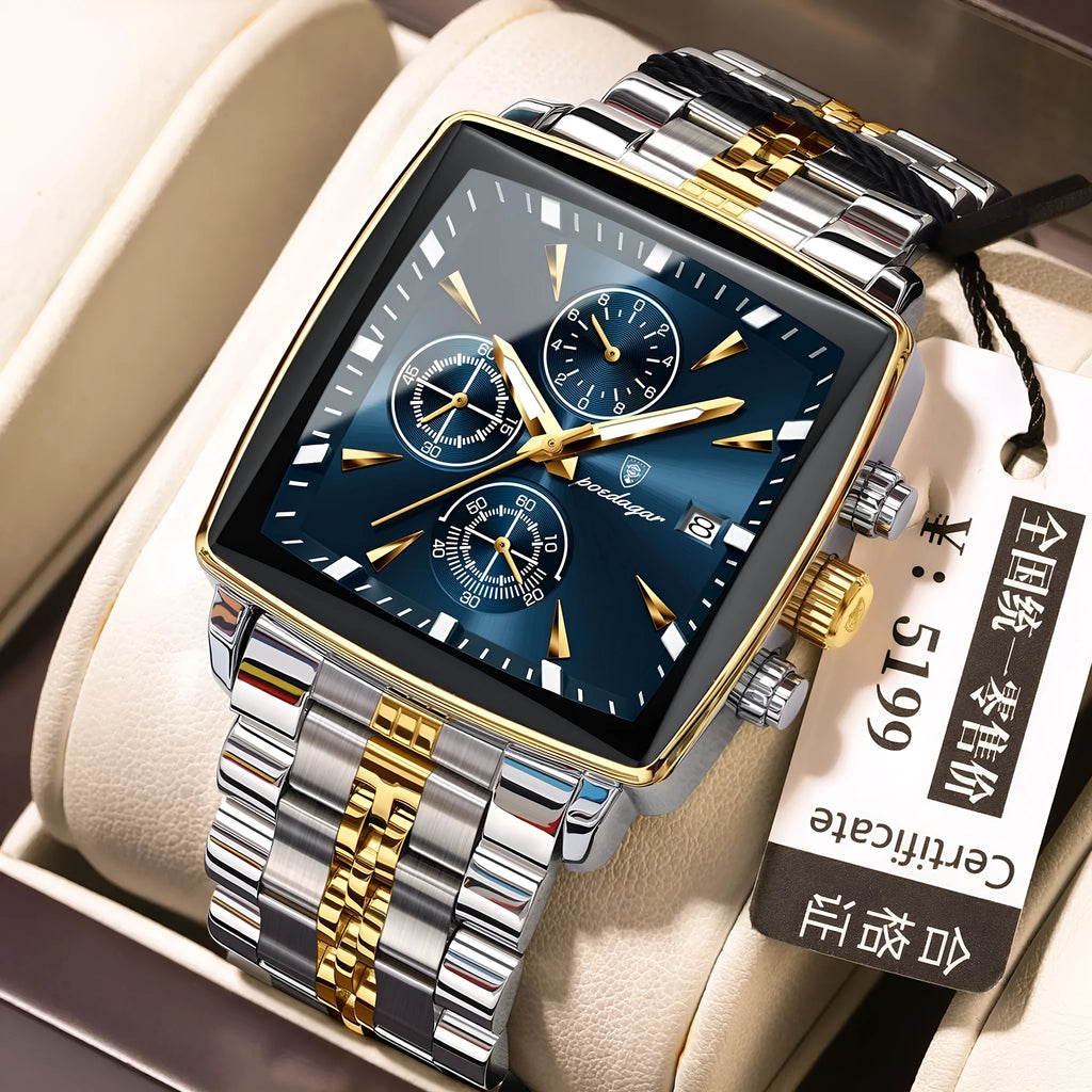 Men's square business watch with stainless steel strap and mineral glass on wrist