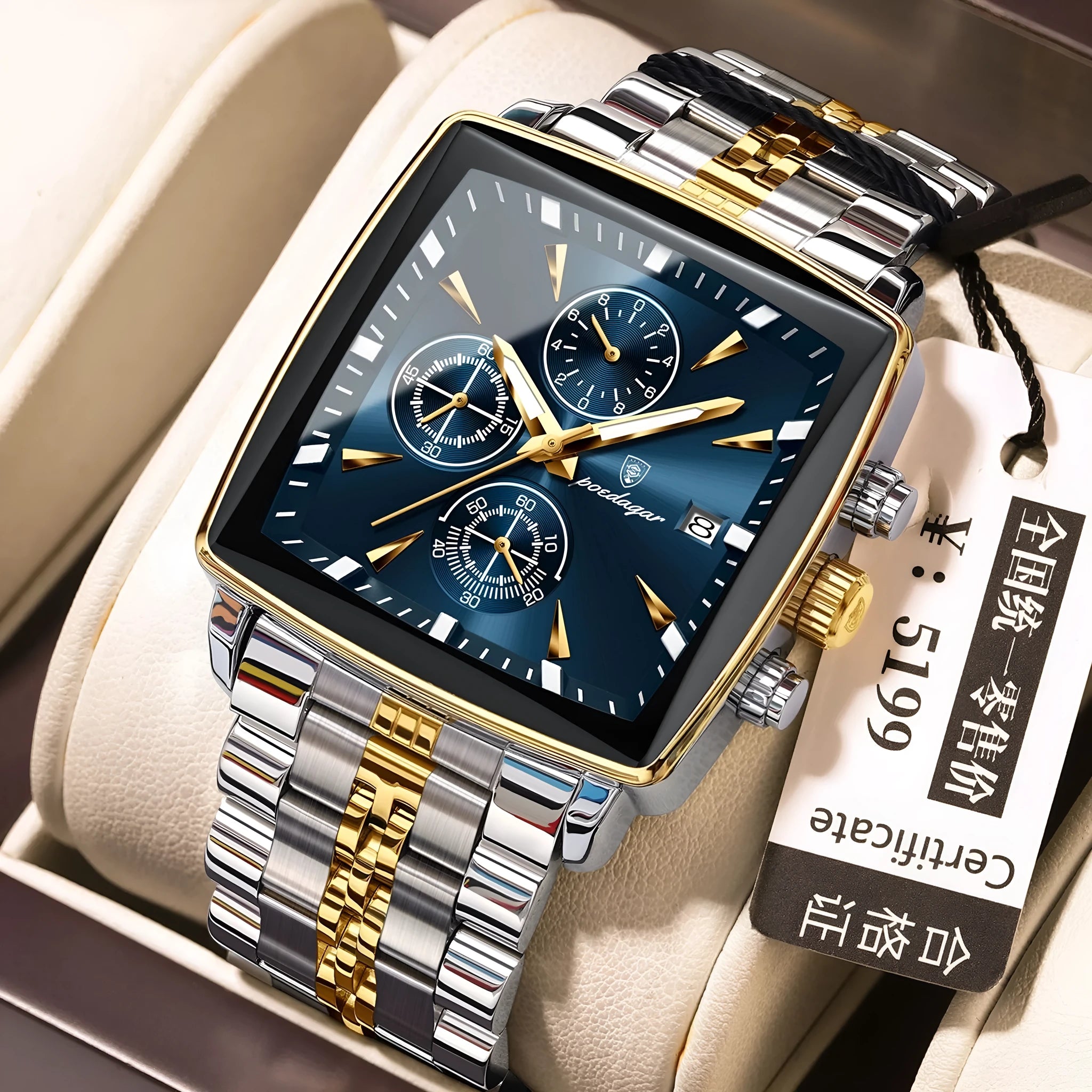 Men's square business watch with stainless steel strap and mineral glass on wrist