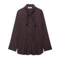 Brown loose-fit women's polyester poplin shirt with an attached bow tie, cardigan style.