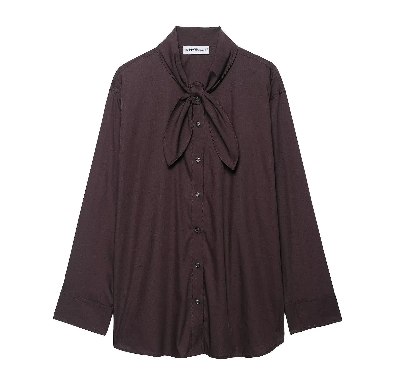 Brown loose-fit women's polyester poplin shirt with an attached bow tie, cardigan style.