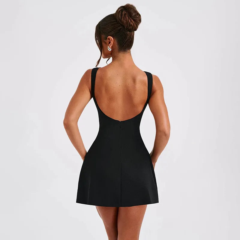Women's slim-fit backless summer dress with sling straps in a selection of colours.