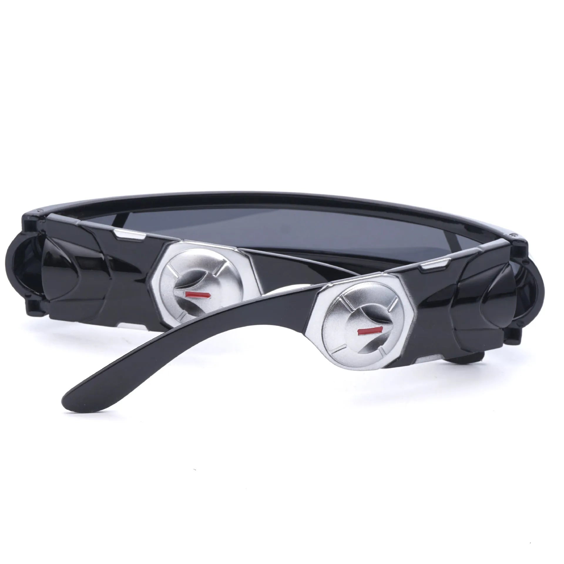 Black sports sunglasses with polarised lenses shown in grey, red mercury, and blue mercury tint options.