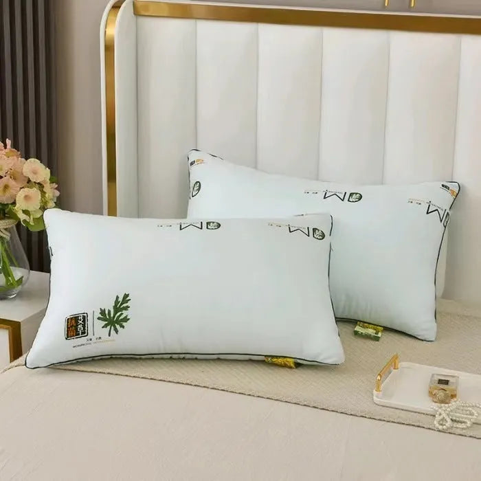Polyester fibre pillow core for bedding in blue, grey, white, or argy wormwood print, shown in standard 48x74 cm size.