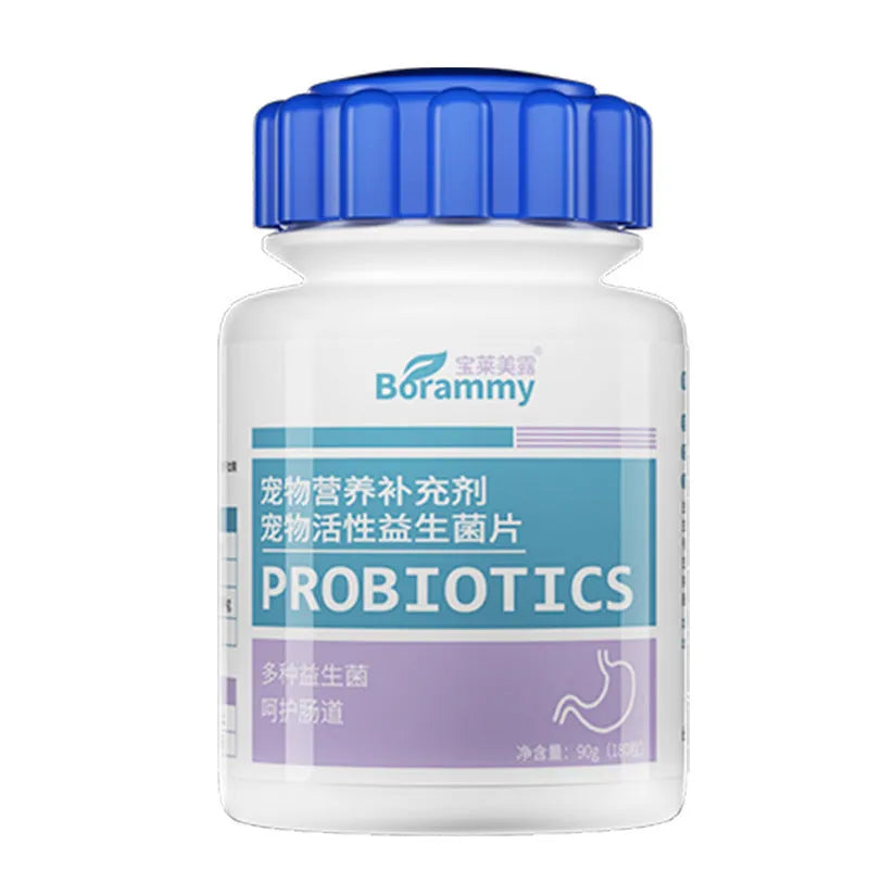 Bottle of pet probiotic tablets containing 180 chewable supplements for dogs and cats