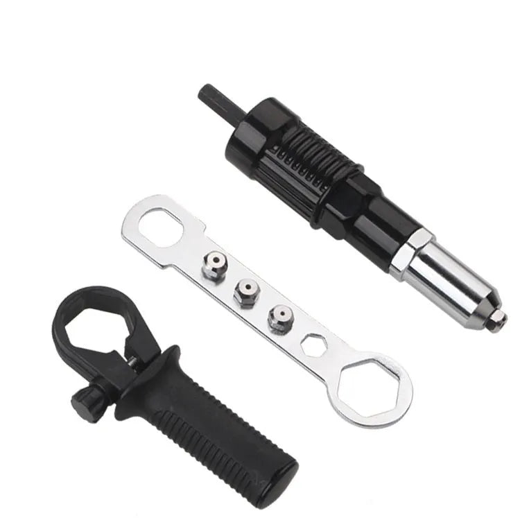 Black metal electric drill rivet gun attachment with alloy steel head, 173mm long, shown with handle and wrench.