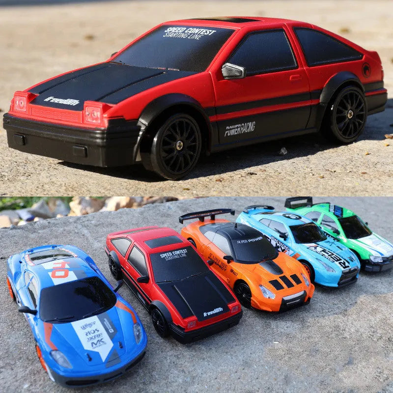 2.4G RC drift car 4WD 1:24 scale remote control toy GTR model in classic style on road with traffic cones
