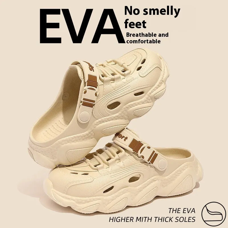 Men's khaki outdoor slippers with EVA sole and hollow out breathable design