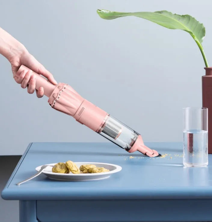 Pink wireless desktop vacuum cleaner with flat nozzle and brush, H13 HEPA filter, 13,000Pa suction