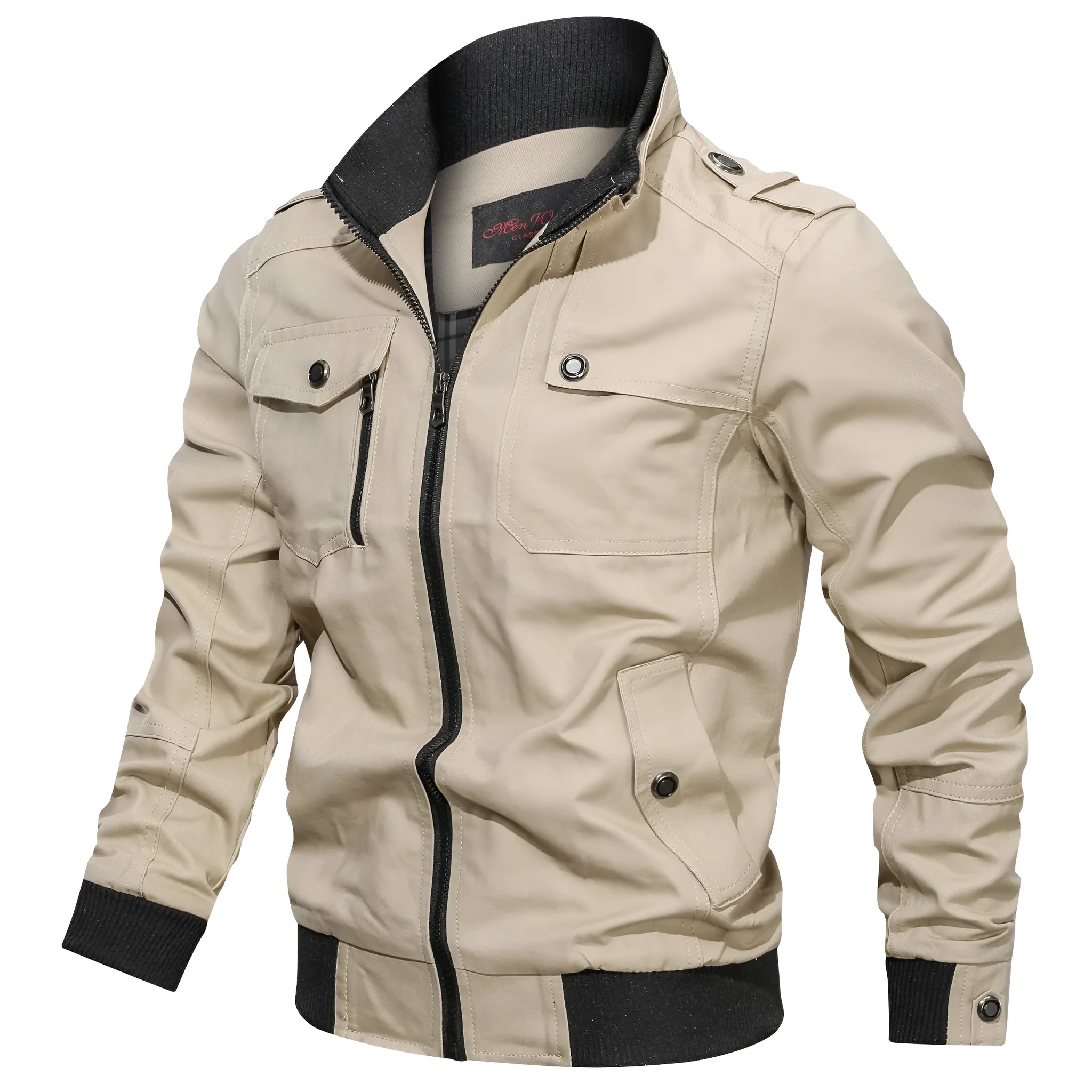 Cotton men's stand collar jacket in solid colour with side pockets available in multiple sizes