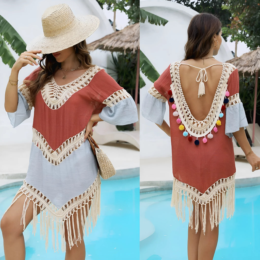 Orange beach overskirt with hand crochet detailing and matching blouse for beach couple outfits