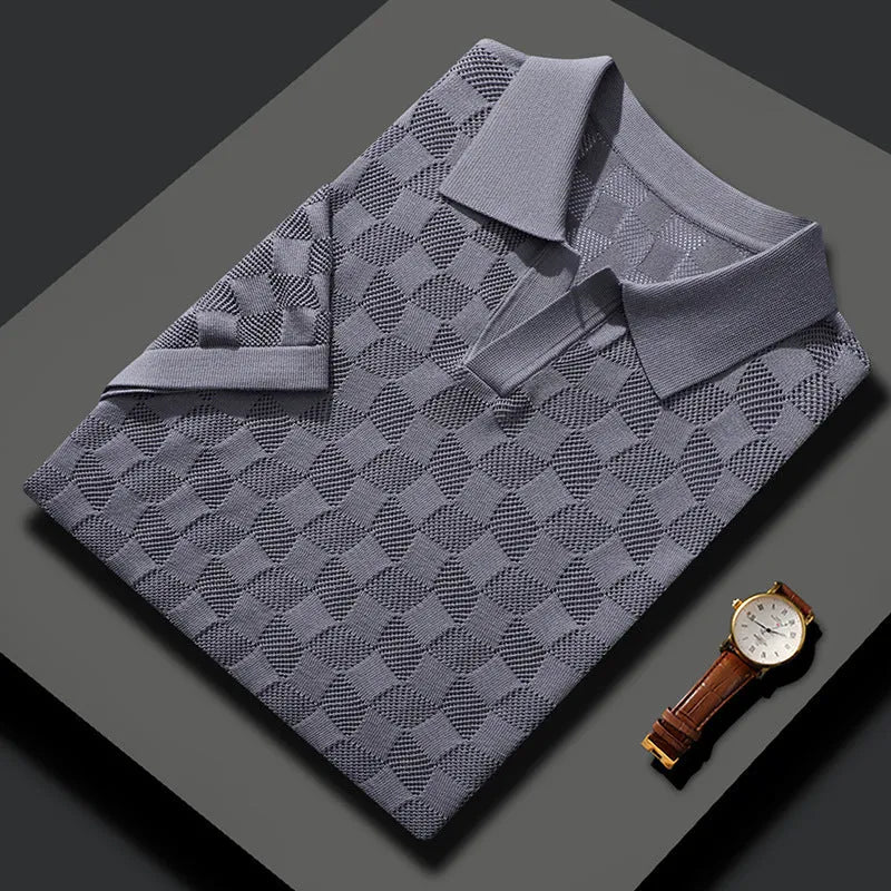 Men's mulberry silk short sleeve sweater with V-neck lapels in solid colour