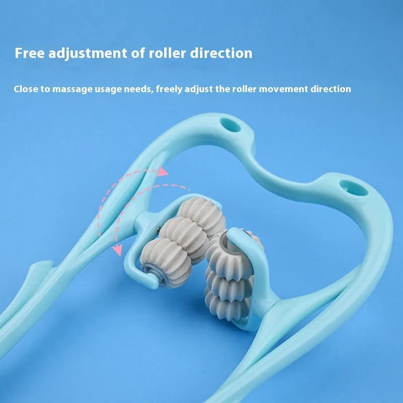 Blue plastic manual massager with six rotating wheels for neck, shoulder, and waist