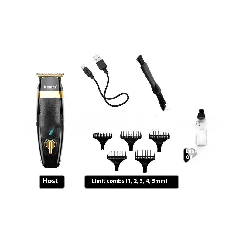 KM1834 rechargeable electric hair clipper with 5 limit combs and USB cable on white background