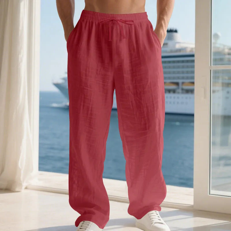 Men's linen solid colour loose fit wide leg drawstring beach trousers, straight cut, summer casual wear