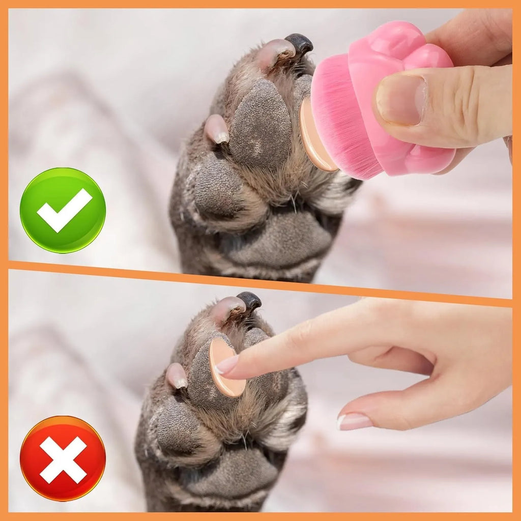 Three small pet paw-shaped balm brushes with soft fibre heads and plastic storage boxes.