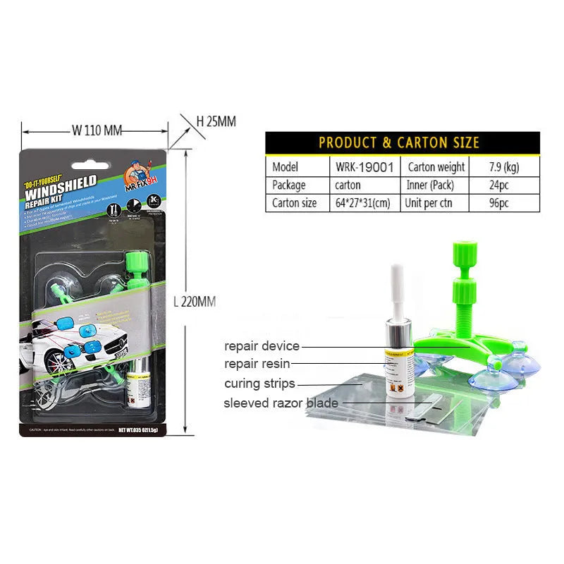 Windshield repair fluid kit with green resin, repair device, curing strips, and sleeved razor blade on a car windscreen