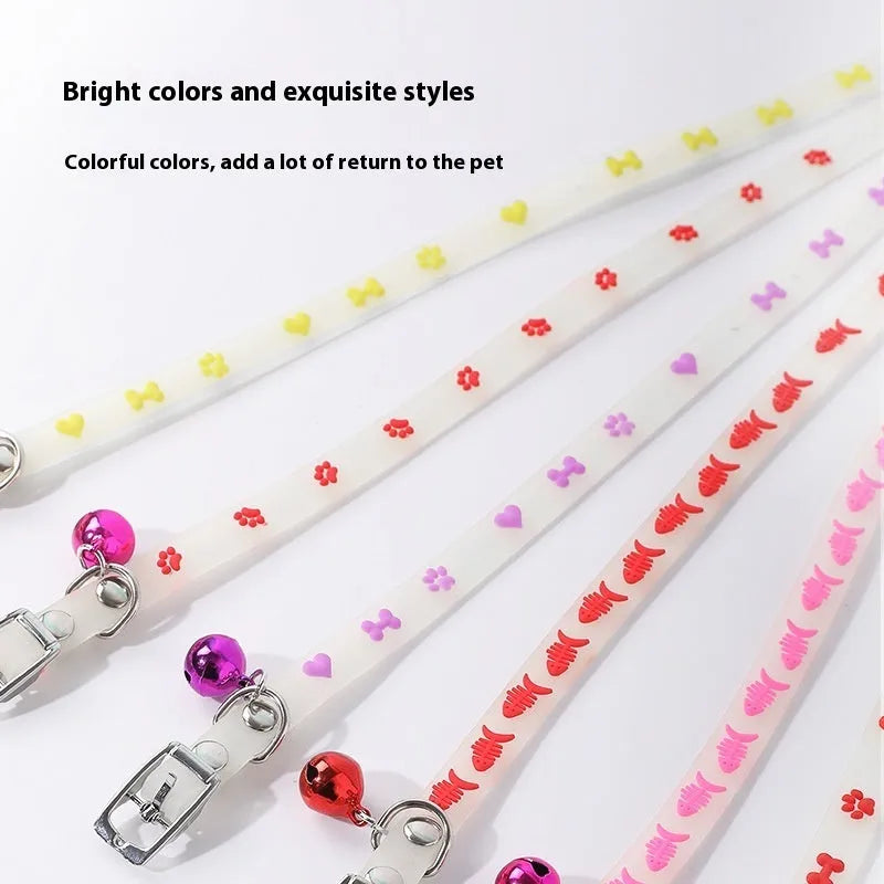 Glow-in-the-dark adjustable cat collar with metal bell in love, fishbone, footprint or paw print design