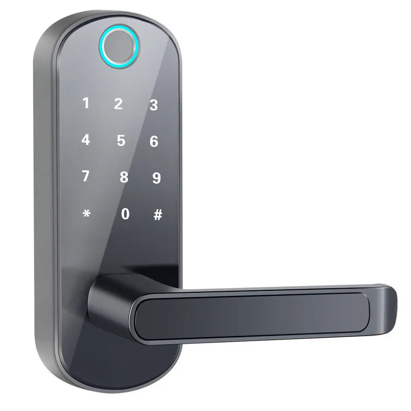Smart Bluetooth fingerprint door lock in black or silver with optional WiFi gateway connectivity