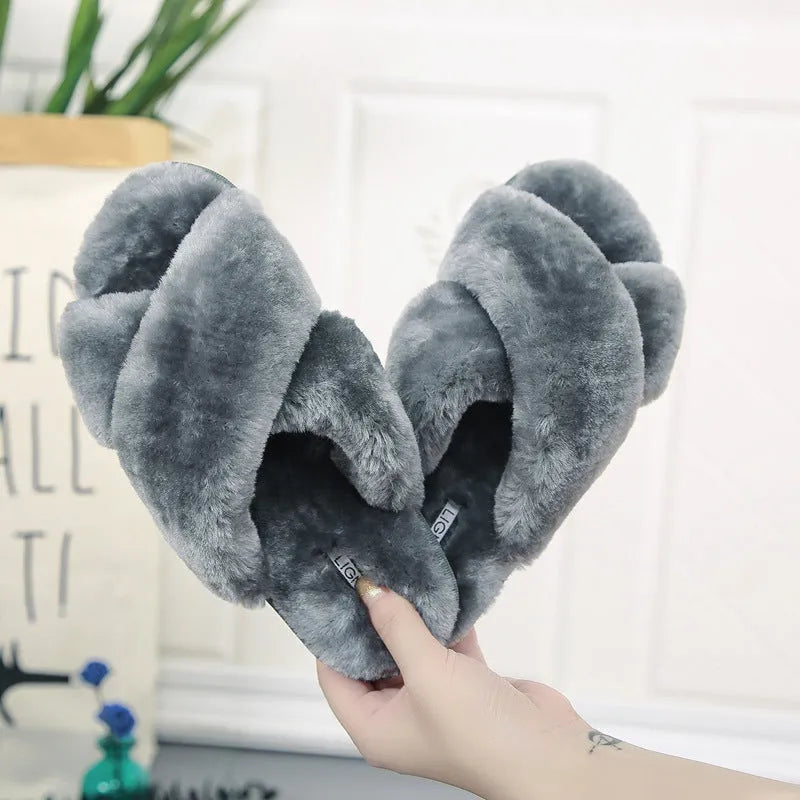 Cross open-toe fur slippers in multiple colours showing fur lining and patterned non-slip sole.