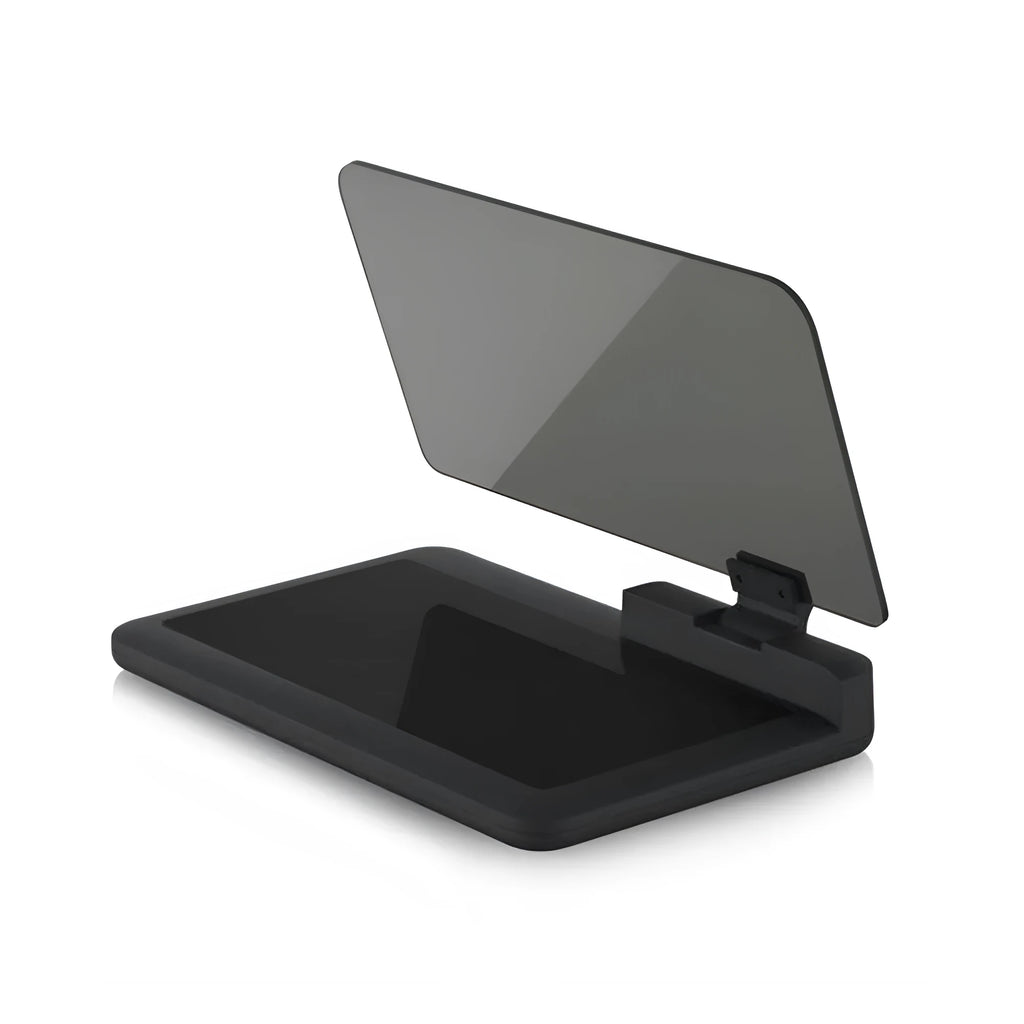 Grey car smartphone navigation display holder with hardened organic glass panel and optical reflection technology