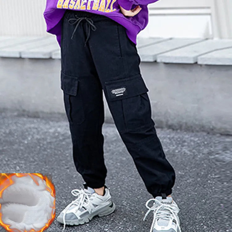 Children's 100% cotton workwear leggings trousers in black, sizes 110-160cm, with elastic waistband