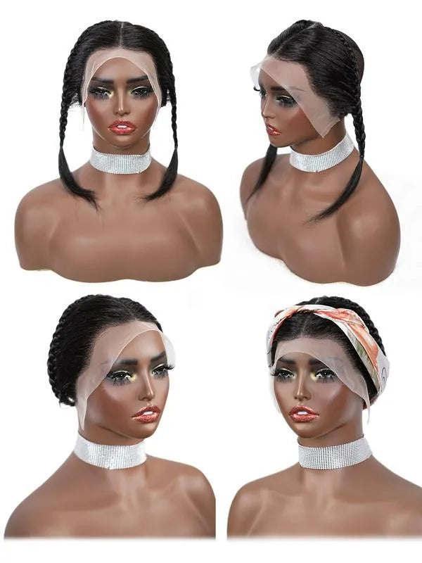 10 inch black pre braided wig with lace frontal and straight bangs on a mannequin head
