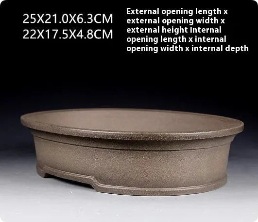 Handmade antique oval bonsai pot in purple sand pottery measuring 25x21x6.3cm