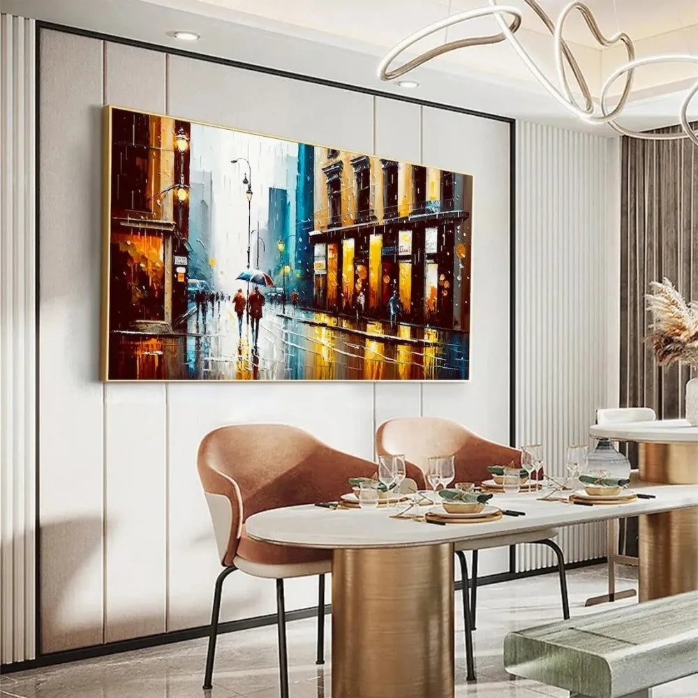 Handmade oil painting canvas wall art, modern abstract urban architectural street scene, horizontal rolled frameless unstretched painting
