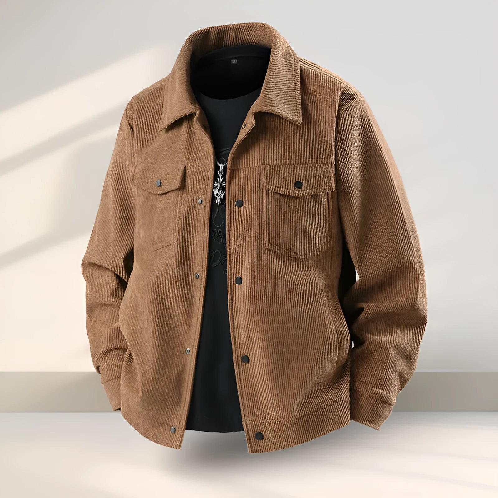 Men's slim fit casual coat in four colours, showing Vinylon and Lycra fabric detail