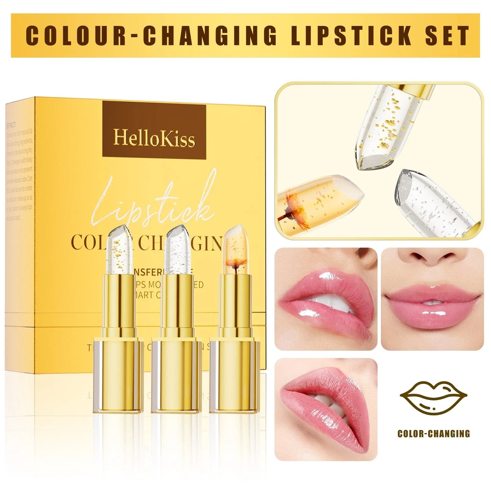 Three pieces of anti-smudge warm colour-changing lipstick in gold tubes, product code YB1001.