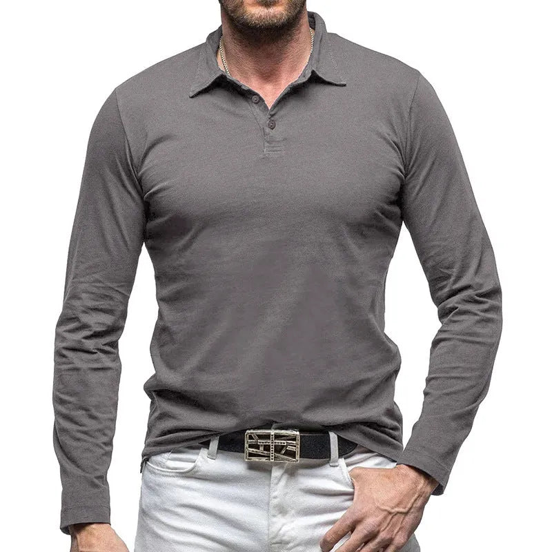 Men's dark grey cotton polo collar long sleeve T-shirt laid flat, American retro style.