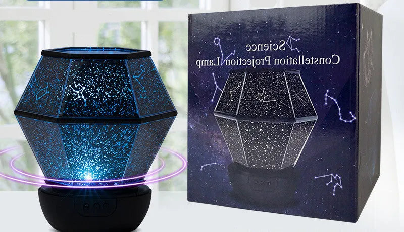 Children's rotating stars LED night light projecting coloured starlight on a wall.