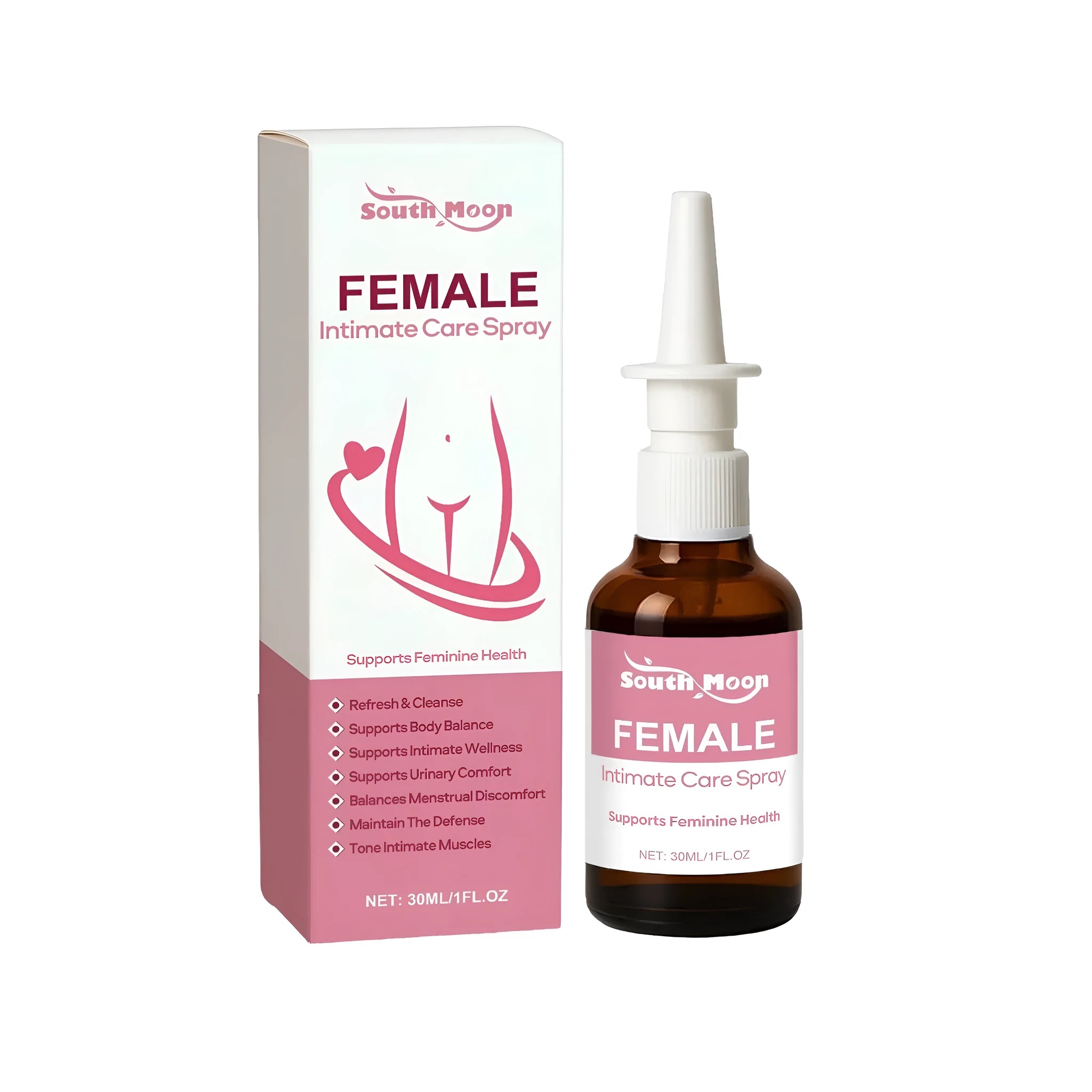 30ml Female Intimate Care Spray with Centella asiatica, aloe, and tea tree oil in a white bottle with green label