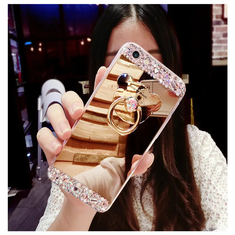 Silicone drill mirror phone case with handmade rhinestones on rose gold finish for iPhone