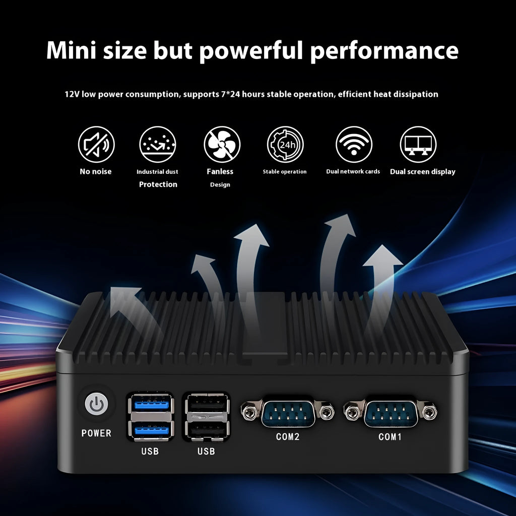 Compact metal industrial fanless mini PC host for control systems with connectivity ports.