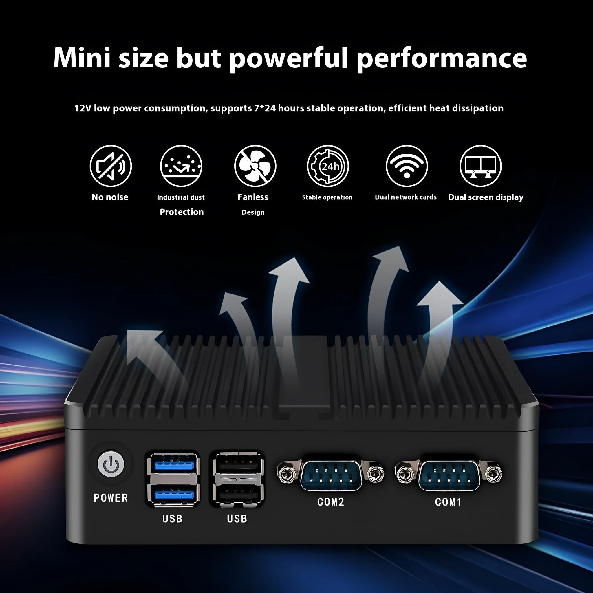 Compact metal industrial fanless mini PC host for control systems with connectivity ports.